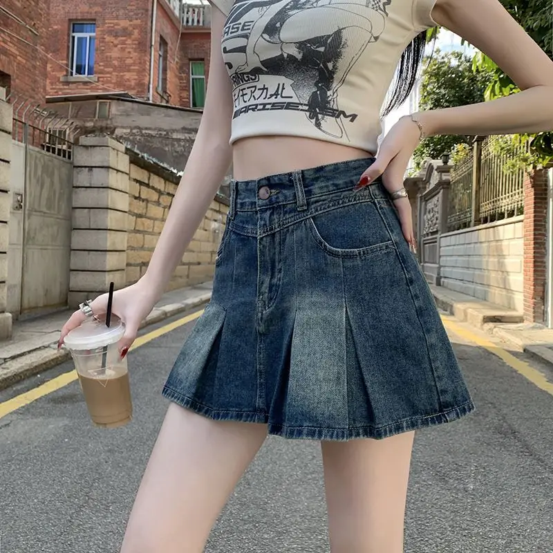 

Women's High Waist Pleated Denim Mini Skirt A Line Casual Jean Skirt