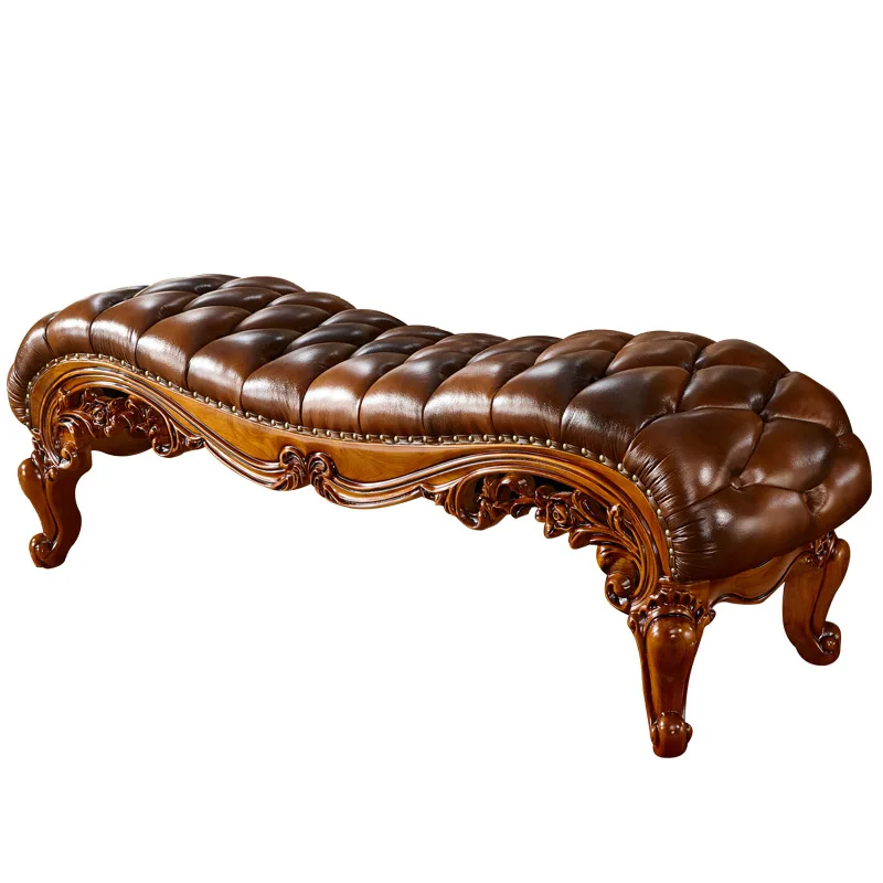 

European-style bedside stool, villa bedroom all solid wood, carved leather shoe changing stool