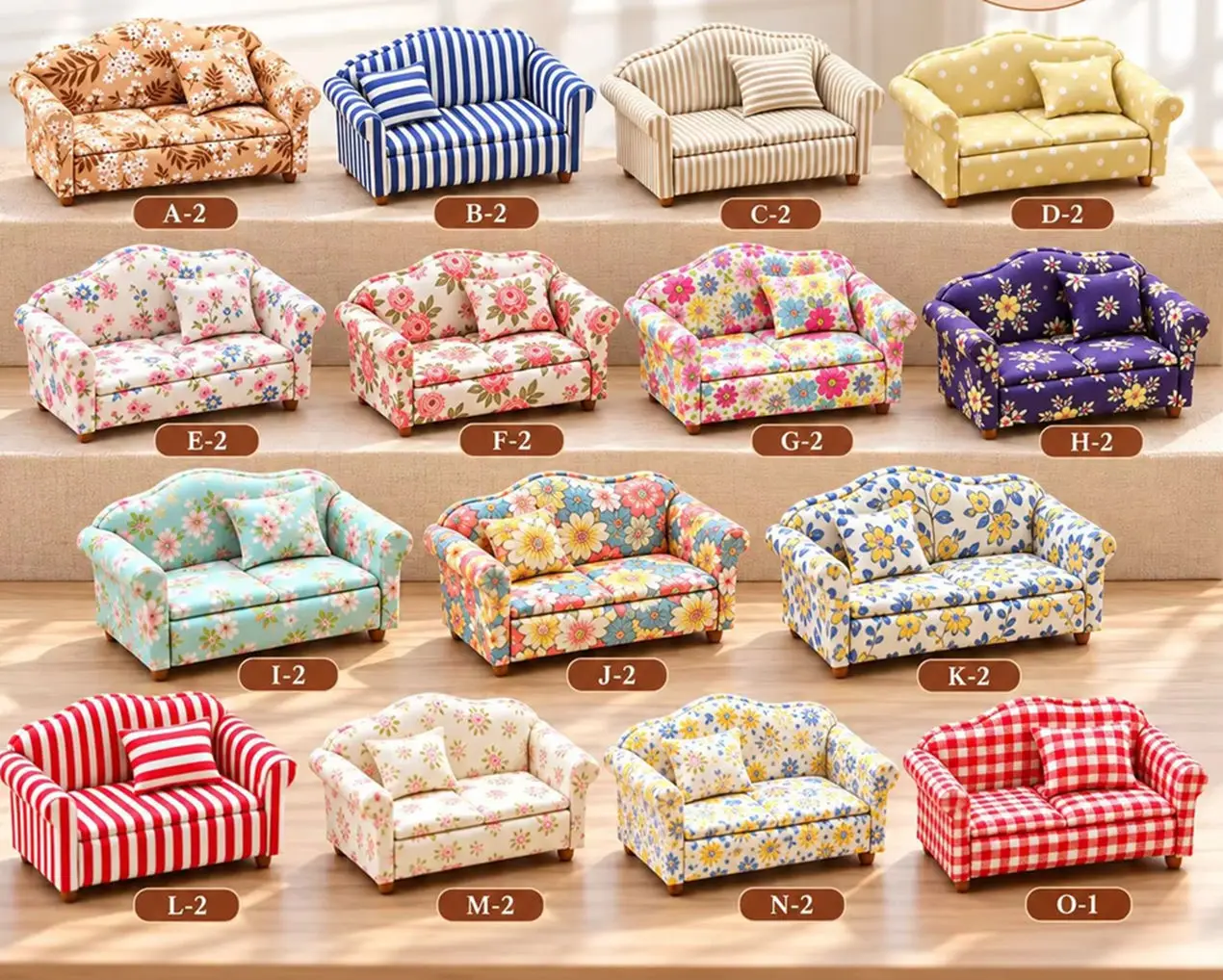 1:12 Dollhouse Mini Double Sofa, Fabric Couch Furniture Model, Floral Striped Printed Sofa, OB11 BJD Doll Accessories
