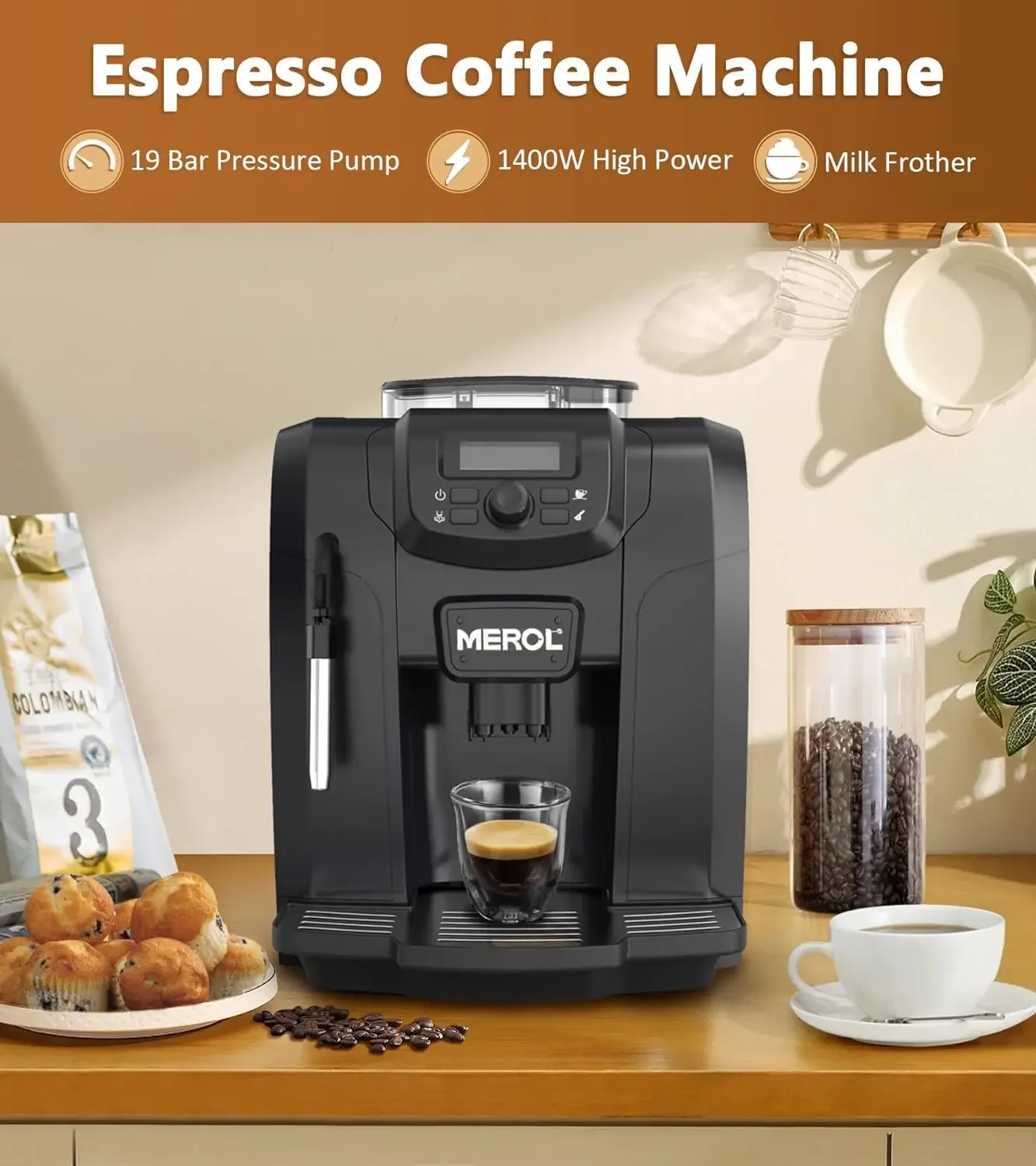 Automatic Espresso Coffee Machine 19 Bar Barista Pump Coffee Maker with Grinder and Manual Milk Frother Steam Wand