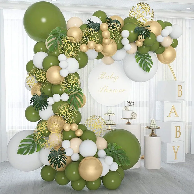 Olive Green Balloons Garland Arch Kit Happy Birthday White Retro Green Balloon Decoration Kid Baby Shower Wedding Party Supplies