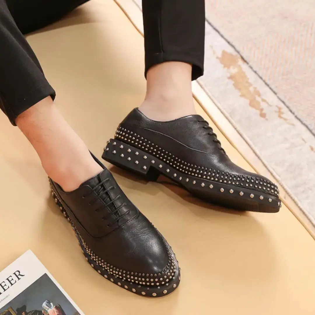 Rivet Design Men's Oxford Shoes Gentleman's Black Lace-up Business Formal Genuine Leather Shoes for Men Brogue Office Shoes