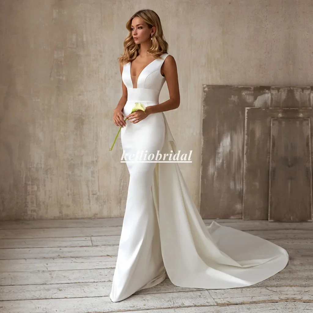 

Свадебное платье русалки по индивидуальному заказу с короткими рукавами длиной до пола, тонкое свадебное платье BHXY001