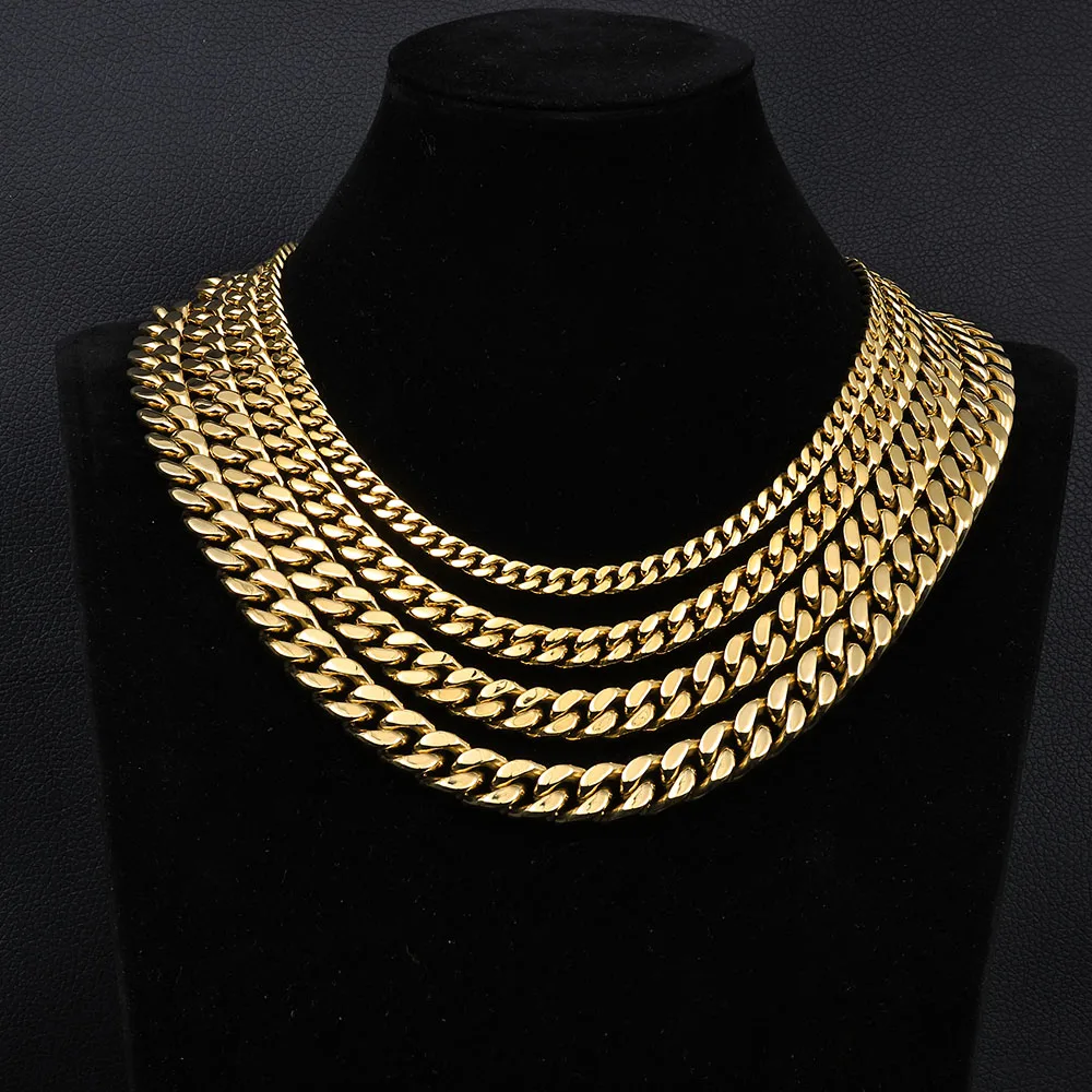 HHIOK 7/9/11/13mm Stainless Steel Cuban Necklace Iced Four sided Grinding Diamond Buckle Hip Hop 14k Gold Monaco Necklace