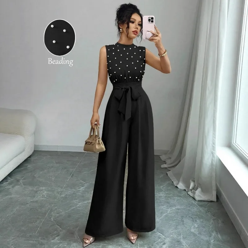 

Spring Summer Fashion Commute Style Polyester Elegant Black Polka Dot round Neck Sleeveless Wide Leg One Piece Pants for Women