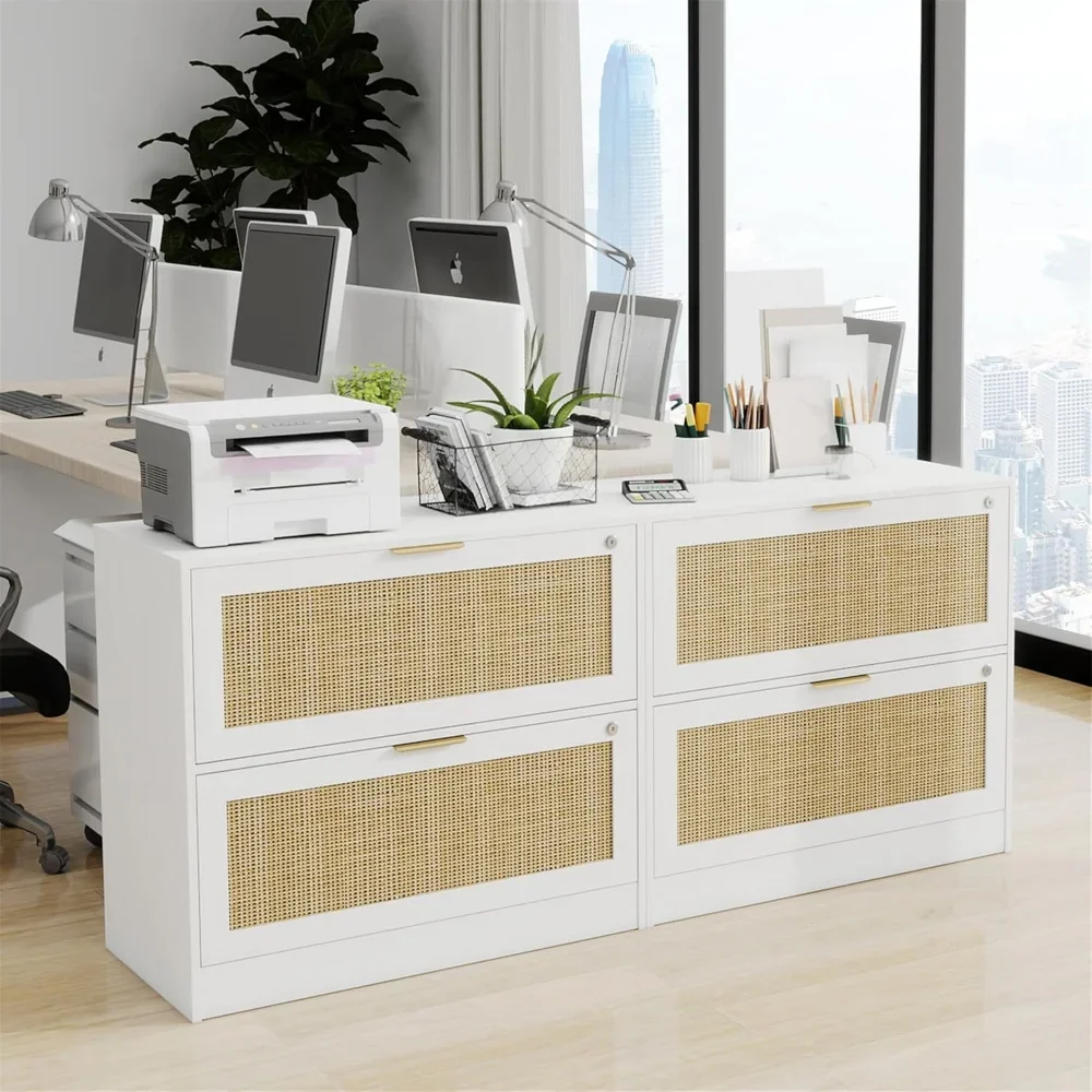 "2-Drawer File Cabinet w/ Lock - Wood Rattan Lateral Filing Cabinet & Printer Stand for Home Office & School"