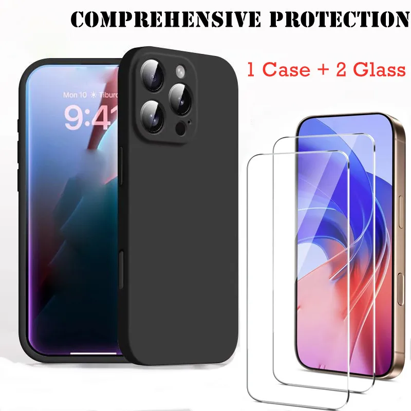 [1 Silikonhülle + 2 Stück HD-Glas-Displayschutz] Quadratische Softcover für iPhone 17 16 15 14 Plus 13 12 11 Pro Max Mini 16e Air