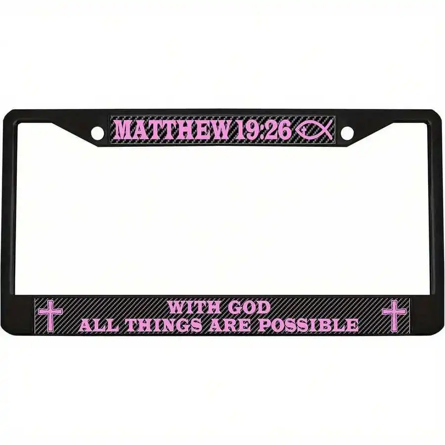 Heavy Duty Metal Plate Frame - Encouraged Matthew 19:26 Design With Pink Cross And Bold Text, Fits Most Vehicles, Durable Car