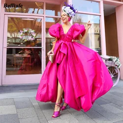 Bafftafe Fuchsia Short Sleeves Prom Dresses V-Neck Slit Front Women Evening Party Gowns Formal Special Occasion Dress Customized