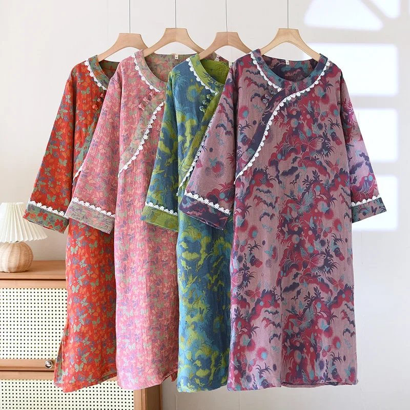 

Autumn Fashionable Printing Long Sleeved Women's Round Neck Nightgown Cotton Pullover Yarn Dyed Jacquard Sleepwear Dress
