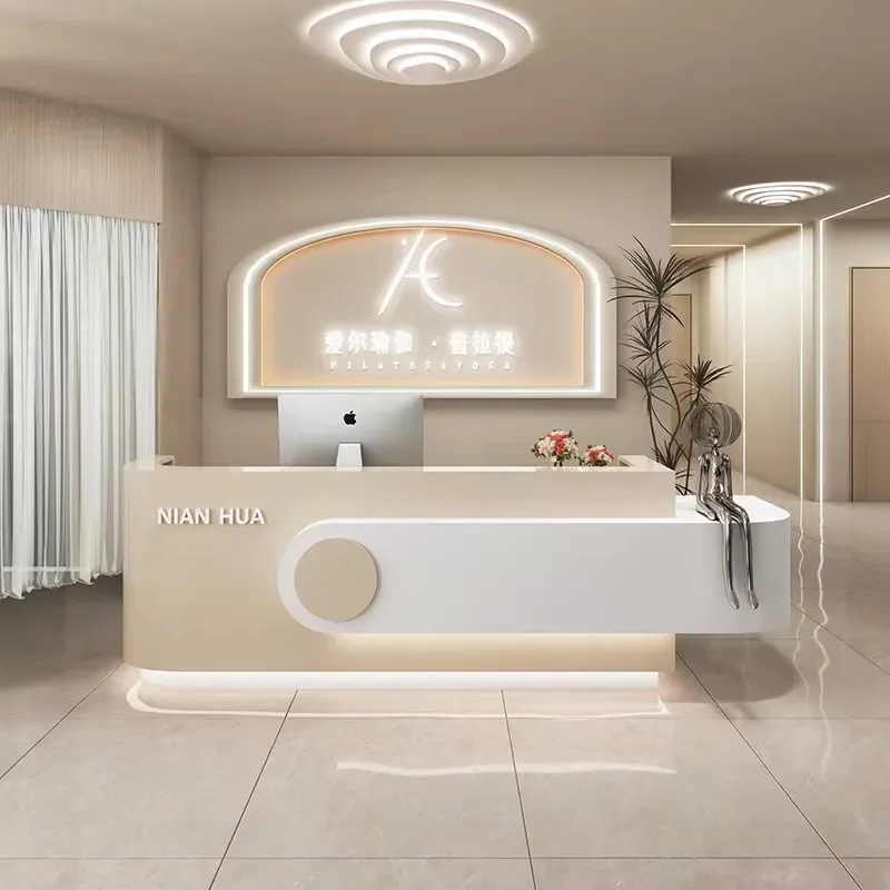Modern Curved Reception Desk Light Luxury Front Office Counter for Hotel Clothing Store Bar Checkout Table with Storage