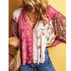 Cotton Rayon Floral Printed Blouse Shirts Women Multicolour Boho Patchwork Ladies Tops Long Sleeve Casual Vintage Summer Blusas