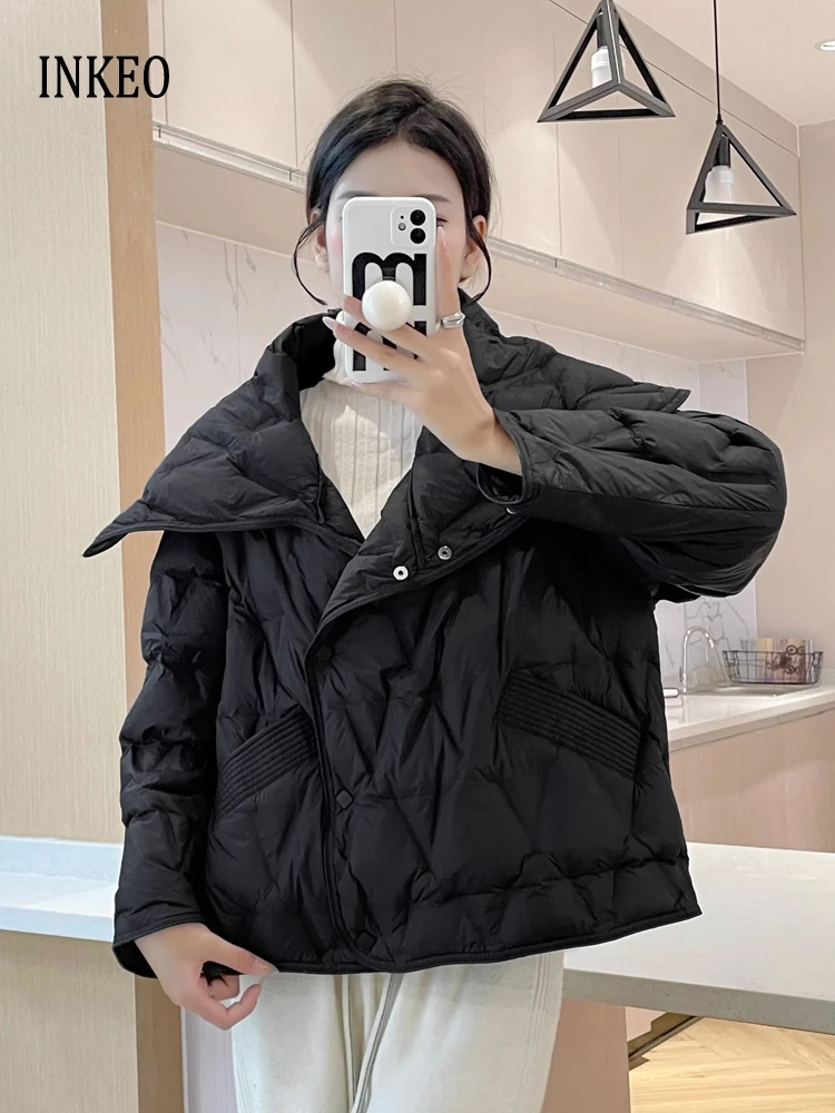 

Streetwear warm short down jacket for women 2024 Winter Large lapel single breasted puffer coat Oversize Female INKEO DJ059