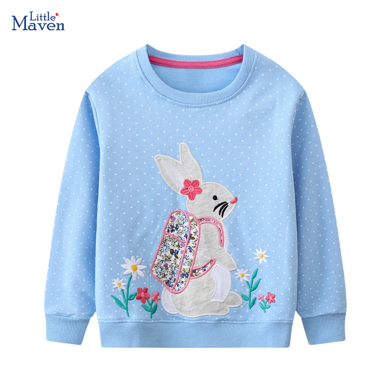 Little maven Girl Long Sleeve Cartoon Dot Sweatshirts Embroidered Rabbits Flowers Baby Girl Cotton Cute Children\'s Tops Clothes