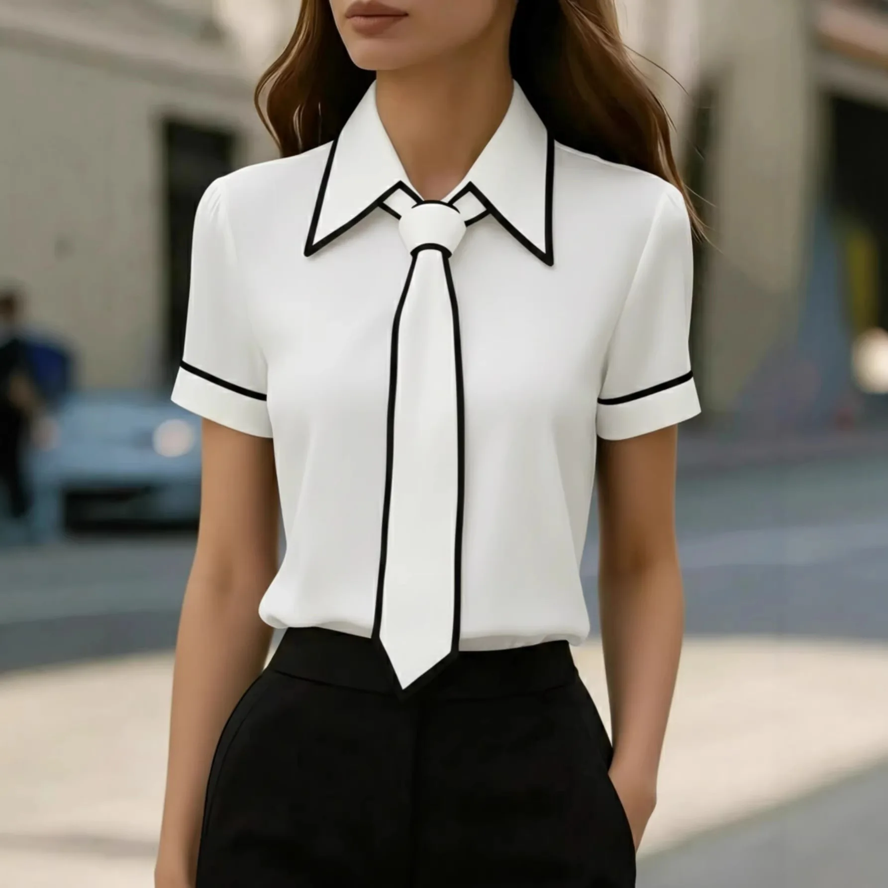 

Women's Blouses and Shirts Summer Fashion Formal Bow Tie Short-sleeve Trim Workwear Elegant Office Lady Shirt Woman Clothes