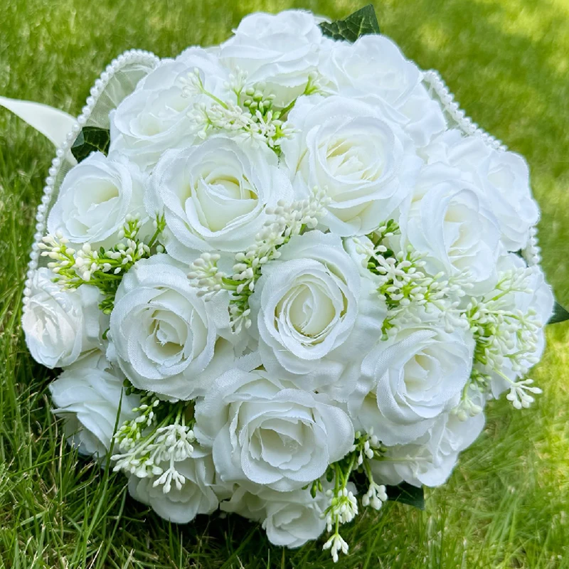 1PC White Rose Bouquets for Bride Bridesmaid Bouquets Wedding Tossing Bouquet photography props Ball Party Valentine's Day Gift
