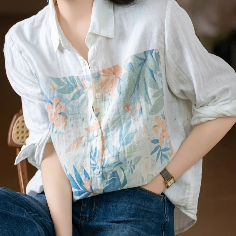 

Artistic Floral Cotton irt Women's Double Layer Long Sve Turn-down Collar Breathable Soft Skin-friendly Linen Blouse