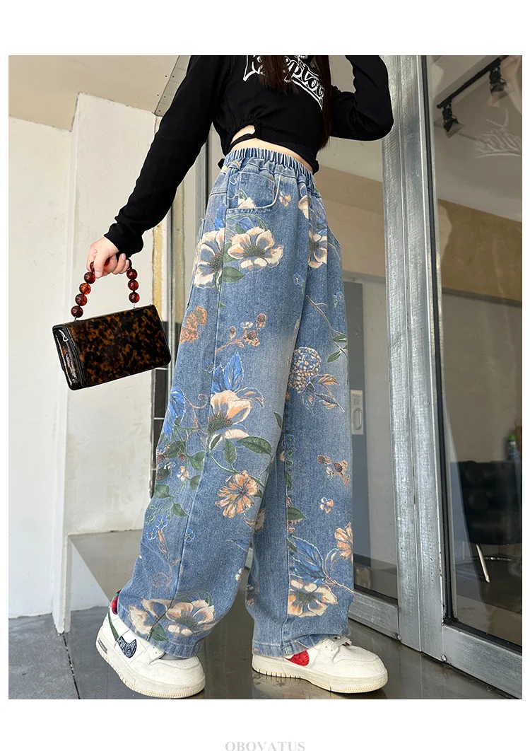 Designer-Jeans für Kinder im High-Street-Stil mit Blumenmuster für Mädchen, trendige Jeanshosen für Teenager, weite Jeanshosen mit Blumenmuster. – Detail 6