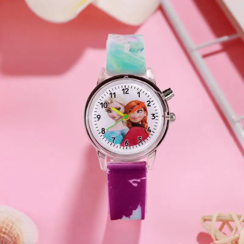 Disney Frozen-reloj LED luminoso para niños, figura de personaje de dibujos animados, reloj electrónico analógico de silicona, regalos de cumpleaños