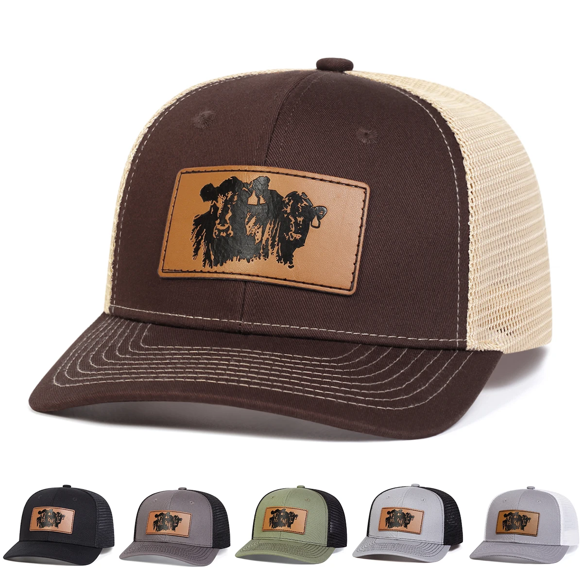 Unisex Brown Bull Head Leather Label Baseball Net Caps Spring and Summer Outdoor Adjustable Casual Hats Sunscreen Hat