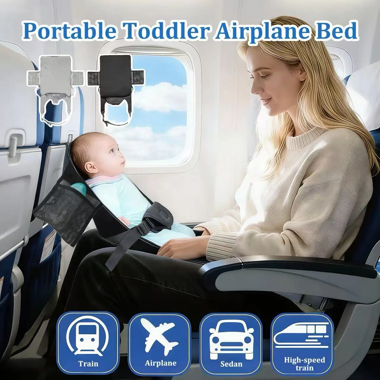 Extensor de Assento de Viagem para Crianças, 1 Peça, Rede Portátil e Dobrável, Cama de Viagem Ajustável para Crianças, Adequado para Aviões, Trens, Carros