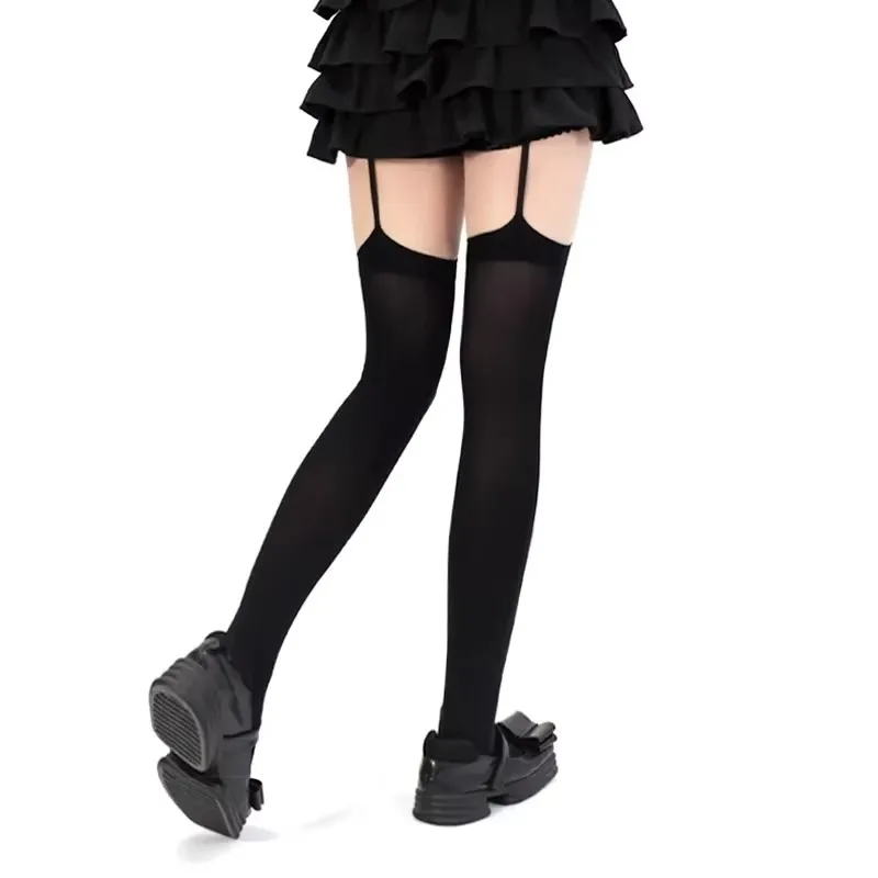 

Personality Cross Decoration Women's Suspender Socks Solid Color Thin Thigh High Lolita Anime Cosplay Gothic Over Knee Stockings