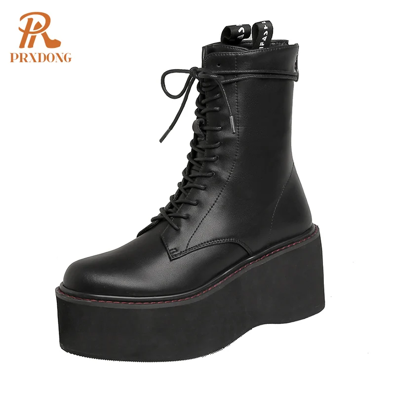 New Brand Women British Style Mid Calf Boots Fashion Genuine Leather Wedges High Heels Platform Black Lace Up Dress Casual Boots