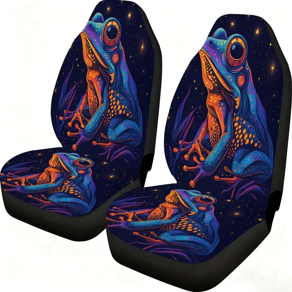 2pcs Psychedelic Frog Car Seat Covers - High-Back Design, Vibrant & Orange Frog Print, Durable Polyester, Fit For Cars, SUVs, Tr
