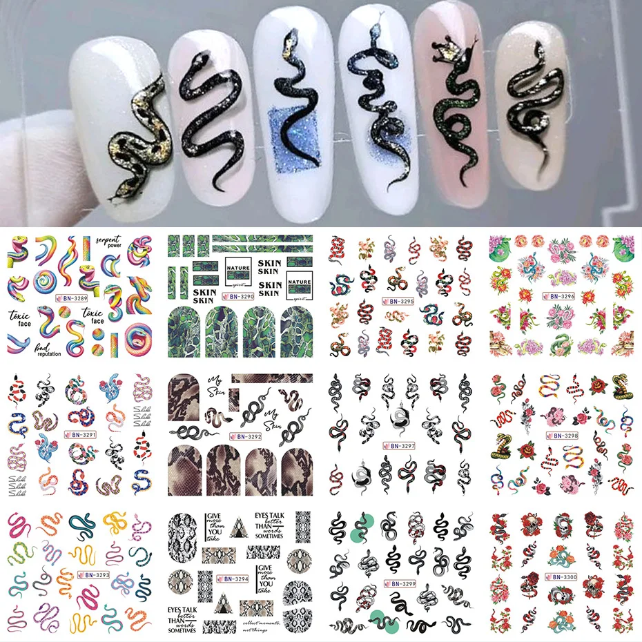 12 Design Snake Nail Stickers Colorful Black Snake Skin Texture Rose Flower Water Transfer Sliders DIY Y2K Style Manicure Decor