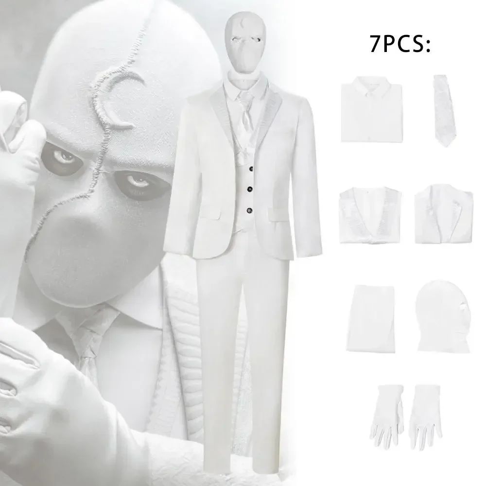 Moon Knight Cosplay Costume Shirt Vest Pants White Coat Gloves Tie Headgear Man Aldult Full Set Halloween Party Suit