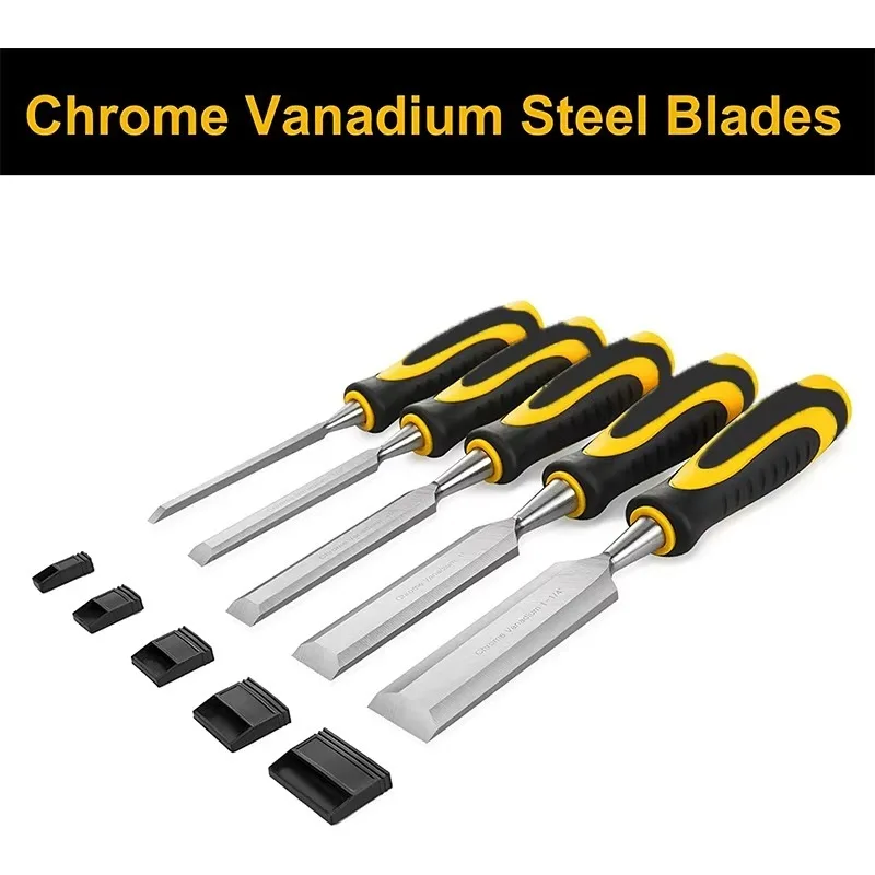 Topkwaliteit 5-delige professionele chroom-vanadiumstaal schokabsorberende grip timmerman houtbewerking houtsnijwerk beitelset