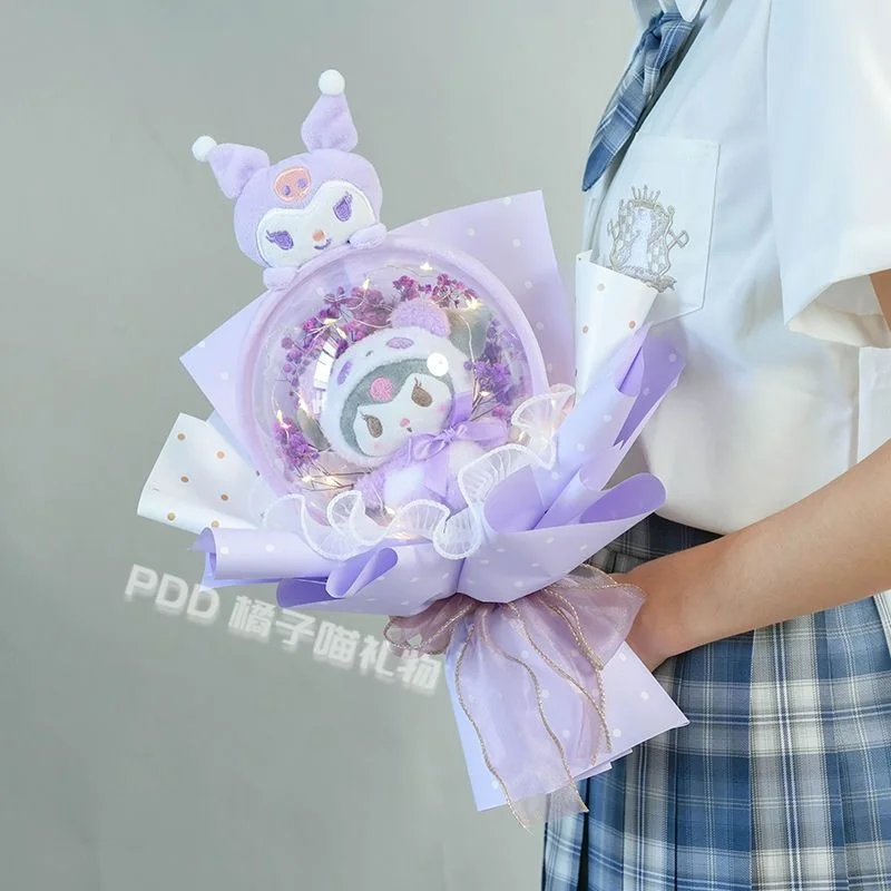 ไฟ Led การ์ตูน Sanrio Cinnamoroll HelloKitty Plush Bouquet Kuromi ตุ๊กตาตุ๊กตาช่อดอกไม้วันวาเลนไทน์ Kado Wisuda