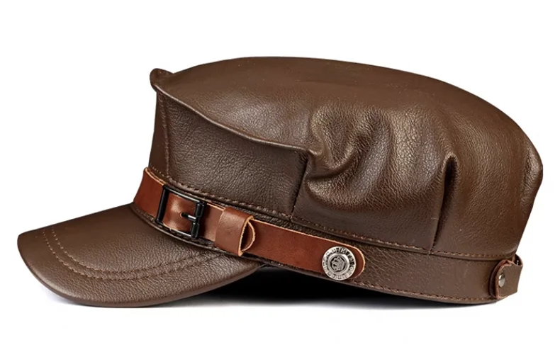 Winter Echt leder Mütze Herren flache Kappen Armee Militär hut Gürtel elegante Mann Baseball mütze britische Vintage Rindsleder Ohr warmen Hut – Detail 6
