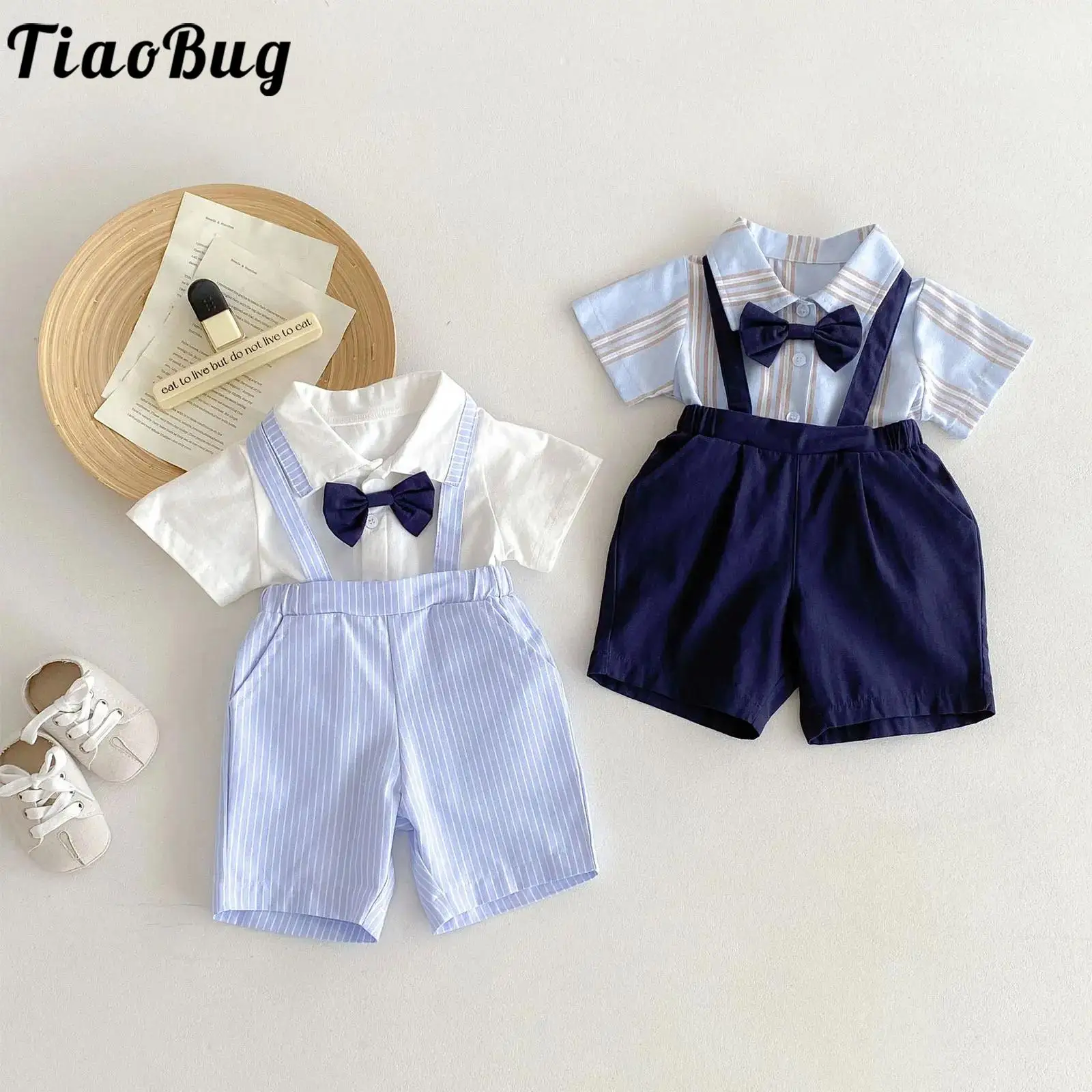 

Baby Boys Fashion Summer Gentleman Suit Set Short Sleeves Lapel Bow Top with Suspender Shorts Kids Baptism Wedding Party Clothes