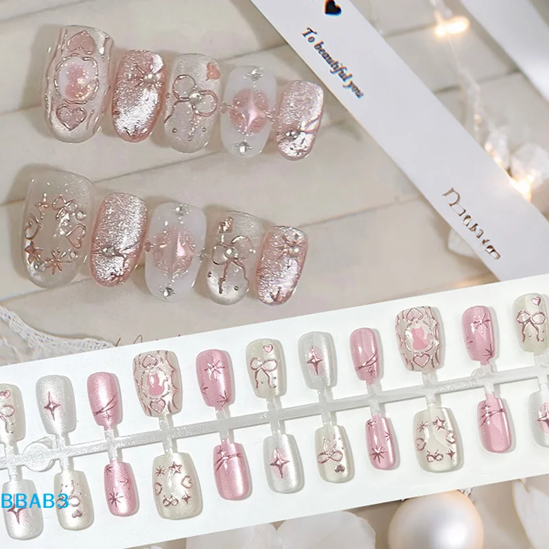 เล็บปลอมทรงรี 10/30 ชิ้น สำหรับตกแต่งเล็บ ทาสี ปิดทอง แบบเต็มเล็บ สวมใส่ได้ ลายดาวระยิบระยับ แบบกดติด ปลายเล็บกลิตเตอร์ออโรร่า