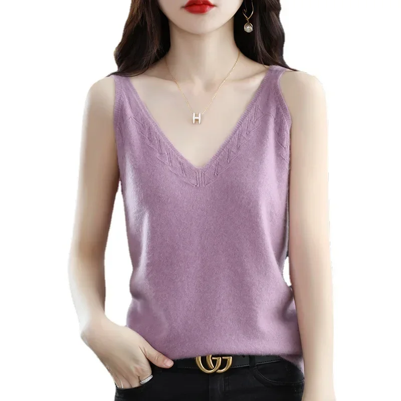 Spring Summer Women Sweater Vest Slim Fit V-neck Sleeveless Knitwears Tops Korean Fashion Innerwear Bottoming Shirt Knit Vests