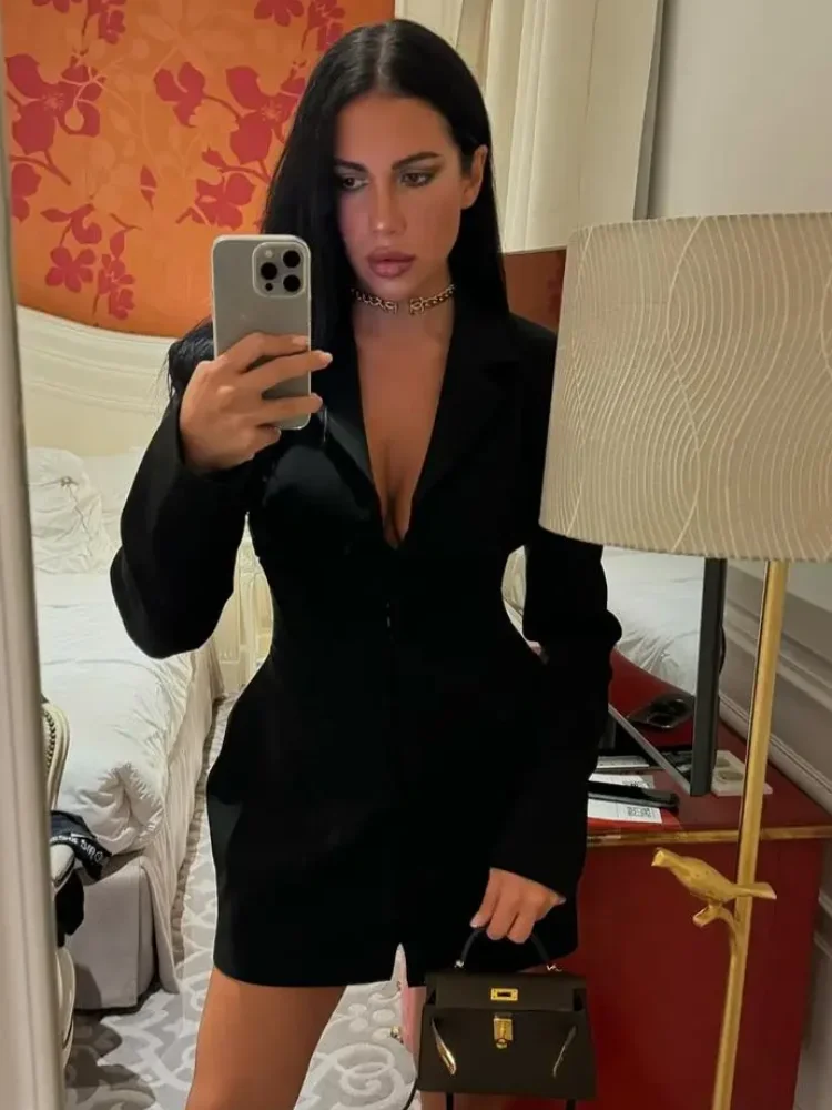 الصلبة محرك الخصر التلبيب فستان قصير المرأة موضة الخامس الرقبة طويلة الأكمام واسعة الكتف فساتين ضئيلة سيدة Dialy ركاب الشارع رداء #5