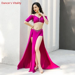 Belly Dance Practice Suit Crystal Cotton Half Sleeves Top+long Skirt 2pcs Oriental Dance Practice Clothes Belly Dancing Outfit