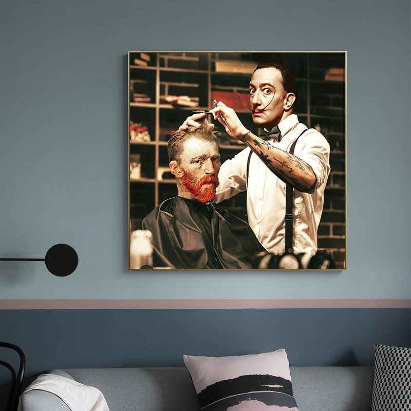 Painter Van Gogh Salvador Dali Barber Art Canvas Painting Retro Funny Figure Men's Haircut Wall Picture Poster Prints Home Decor