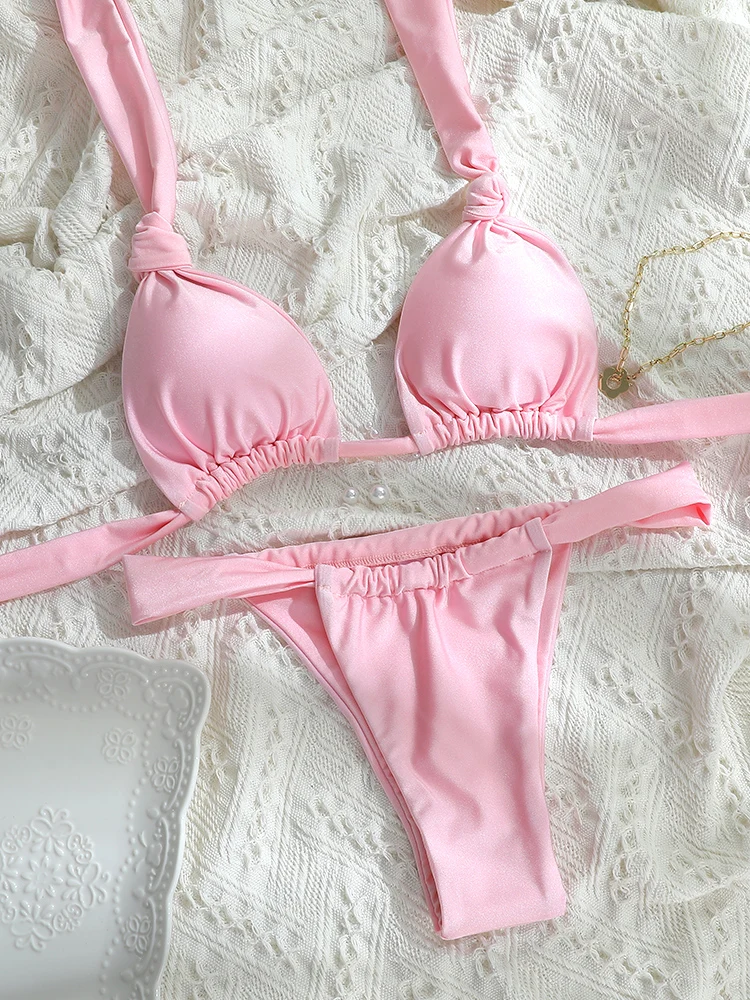 Bikini damskie trójkątne stroje kąpielowe kostium kąpielowy brazylijski 2-częściowy składany zestaw Bikini solidny Push Up strój kąpielowy nowy 2024