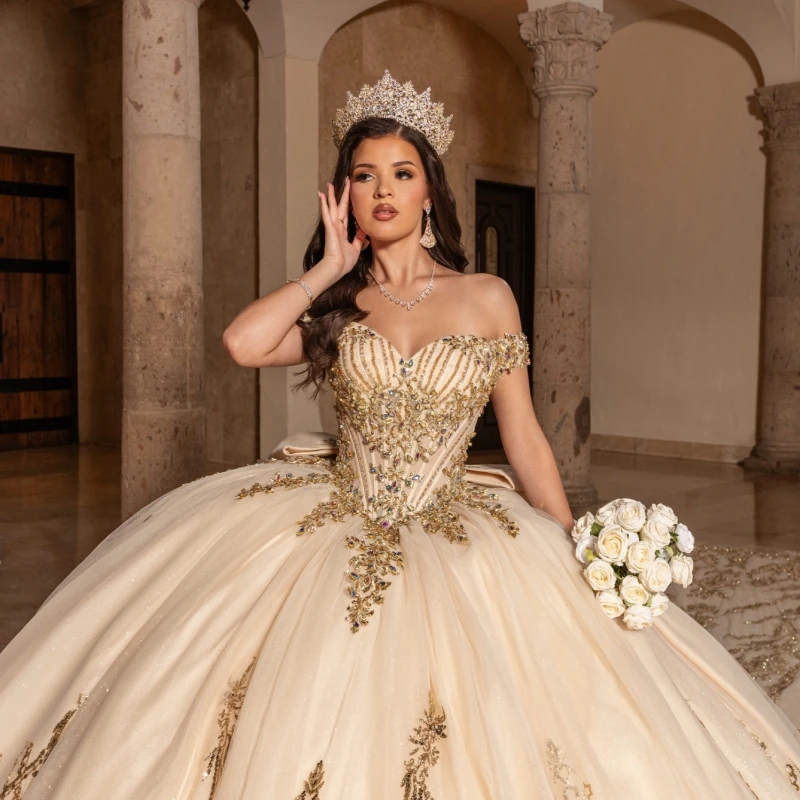 

Champagne Shiny Quinceanera Dresses Off The Shoulder Sequin Applique Lace Beading Crystal Bow Tull Party Birthday Sweet 16 Dress