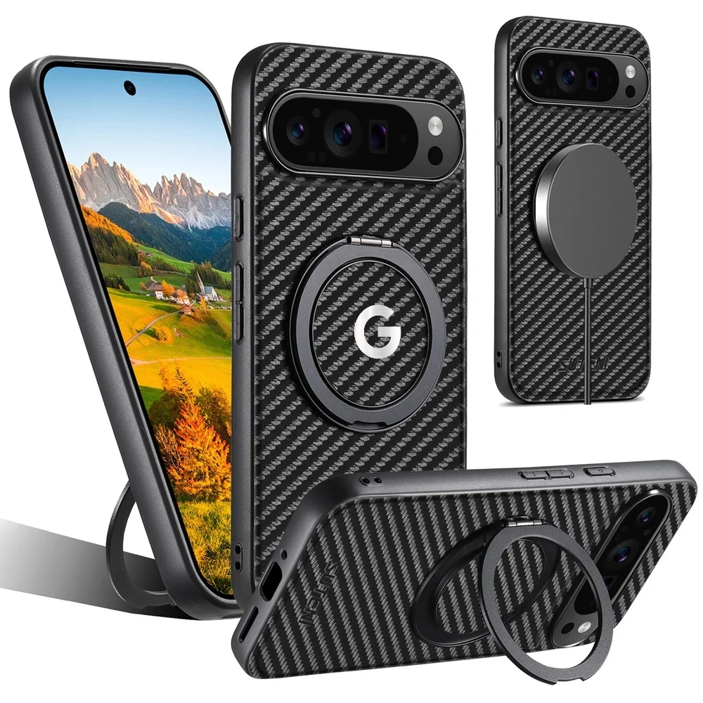 

High-End Carbon Fiber Rotable Strong Magnetic Stand Case For Google Pixel 10 9 Pro XL 8 7 A Pro Shockproof Anti-Fall Phone Cover