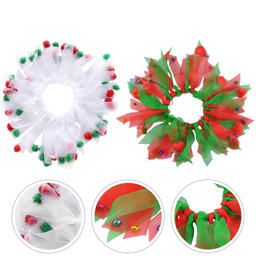 

2 Pcs Pet Christmas Collar Scarf Decor Grooming Polyester Holiday Puppy Dog Bright Color Design Durable Washable
