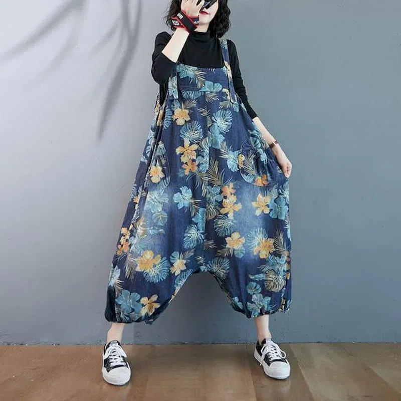 Macacões jeans para mulheres estilo coreano vintage playsuits casuais calças cruzadas calças soltas macacão de grandes dimensões para roupas femininas