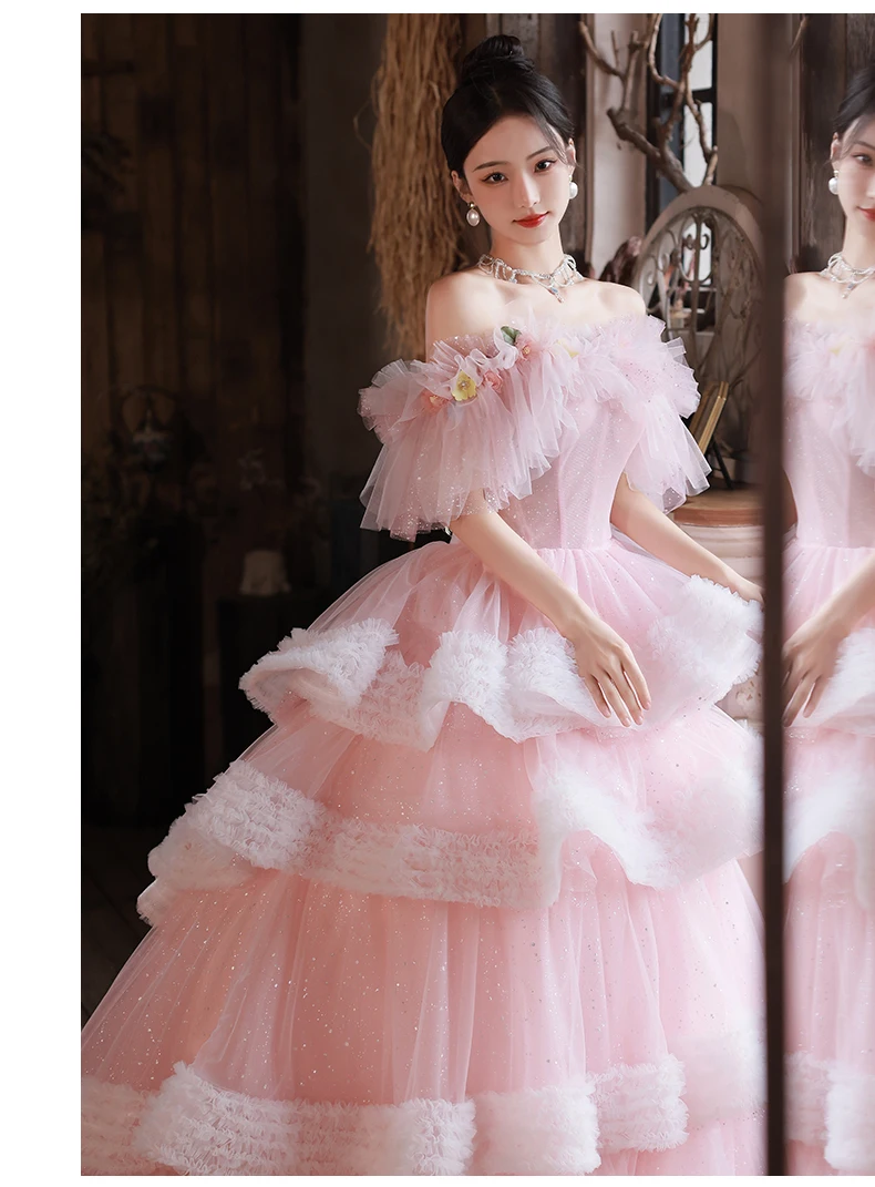 full cake ruffled baby pink beading ball gown medieval dress Renaissance gown queen Victorian Belle Ball gown