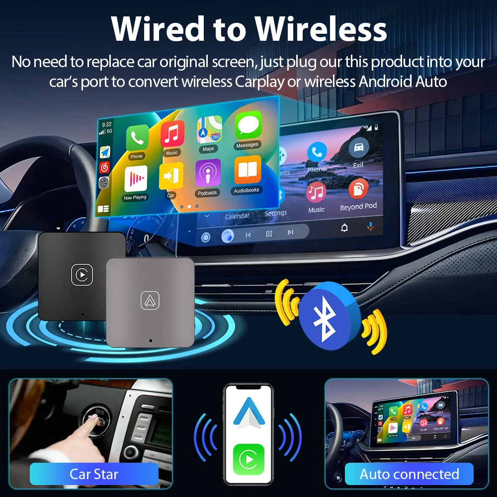 Автомобильный беспроводной адаптер Podofo, приставка с искусственным интеллектом, Bluetooth, Wi-Fi, для VW, Audi, Toyota, Honda