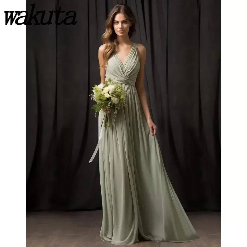 

Wakuta V Neck Long Bridesmaid Dresses Pleat Chiffon Formal Sleeveless Evening Party Gowns vestidos de fiesta for Women