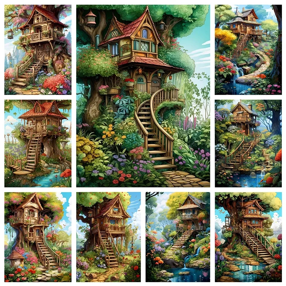 Scenery 5d Diamond Painting Wooden House Tree ladder Landspace Diy Cross Stitch Kit Rhinestone Mosaic Embroidery H421