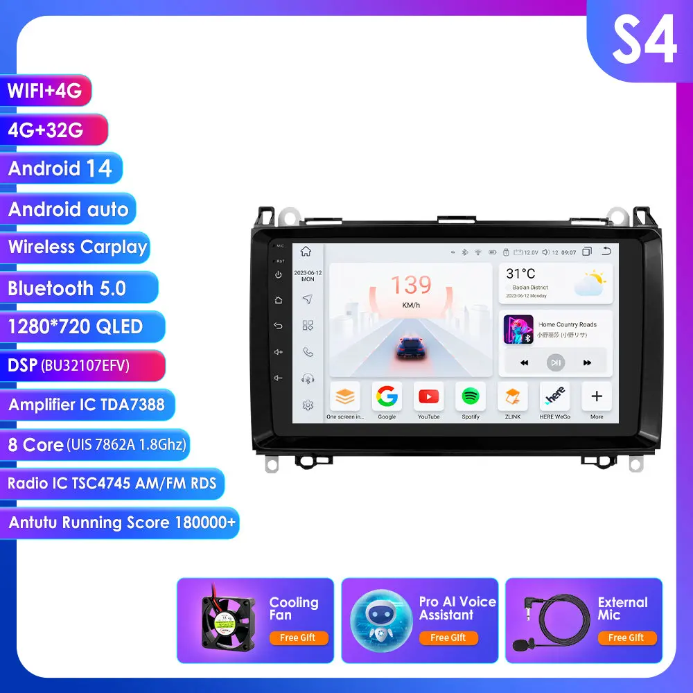 9'' Carplay 4G 2 Din Android Auto Radio Voor Mercedes Benz A B Klasse B200 W169 W245 B200 W906 2500 Sprinter 3500 W639 Vito Viano Vw