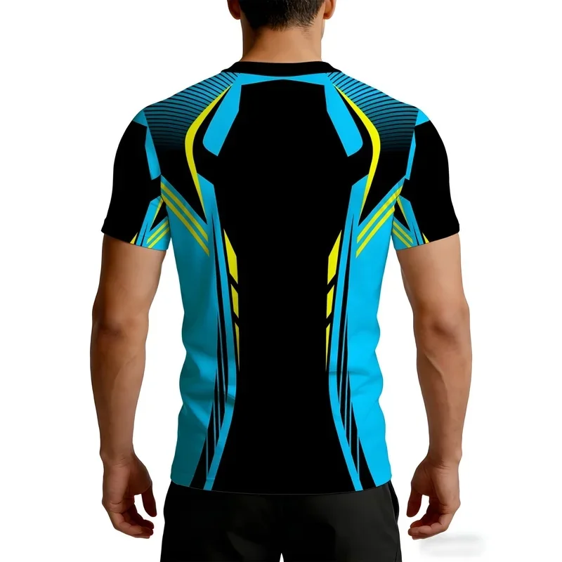 Men's Slim Fit Sports T Shirt Black Cyan Lima Futuristic Color Block Line Print High Elasticity Quick Dry Short Sleeve